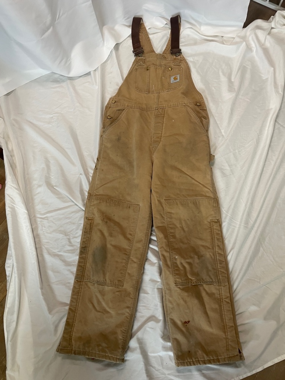 Carhartt Tan Workwear Duck Canvas Overalls with Brown Straps 34x30
